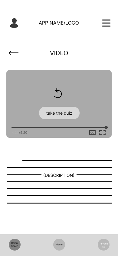 Psychoeducation video and description screen: grayscale wireframe